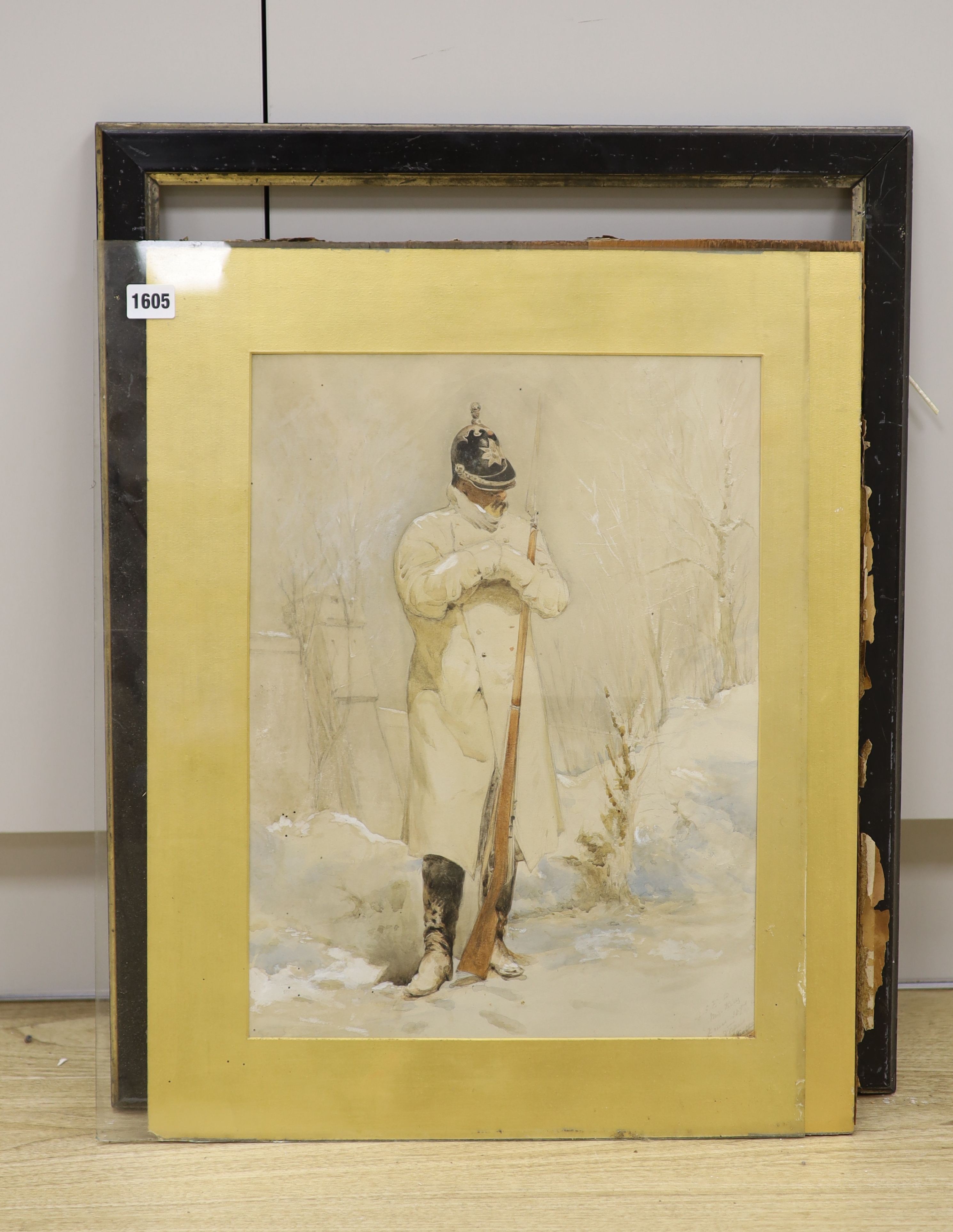 19th century English School, watercolour, Guardsmen in winter, signed and dated 1887, 46 x 34cm